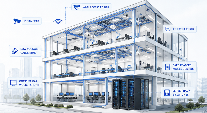 Commercial building showing IP cameras, Wi-Fi access points, low voltage cable runs, Ethernet ports, card readers, workstations, and server rack infrastructure